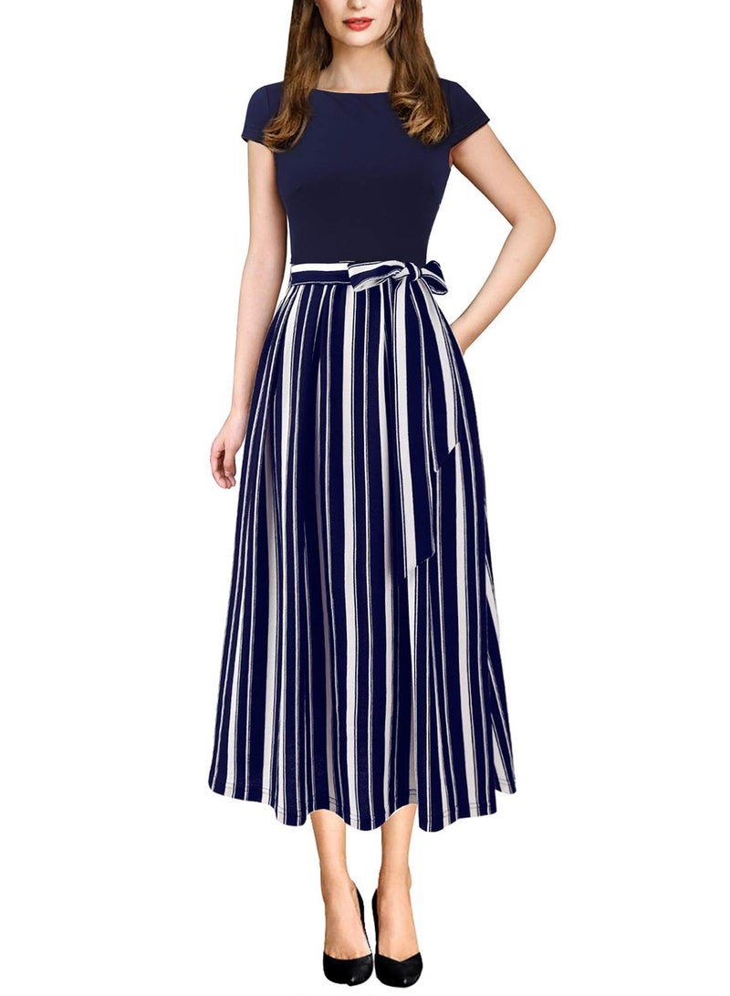 VFSHOW Womens Navy Blue and White Striped Print Patchwork Pockets Pleated Work Casual Party A-Line Midi Dress 2831 BLU M - Image 1
